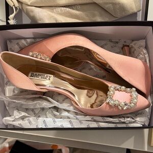 Badgley Mischka Blush Satin Heels with Embellished Buckle